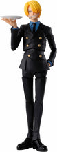 Load image into Gallery viewer, Bandai brings a completely new Sanji from the TV anime &quot;One PIece&quot; in his East Blue outfit into their &quot;S.H.Figuarts&quot; action-figure lineup! In addition to an incredibl range of motion, the use of soft parts allows for dynamic posing. In addition to his standard face, four interchangeable faces are included: an expression with a clenched jaw, a grin, an embarrassed face, and an angry expression. As a bonus part, an interchangeable for &quot;S.H.Figuarts&quot; Monkey D. Luffy -Romance Dawn- (not included, sold separatel
