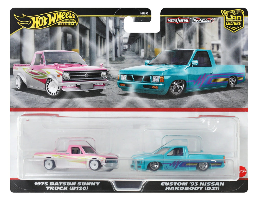 Hot Wheels Premium 2 Pack 1975 Datsun Sunny Truck (B120) / Custom '93 Nissan Hardbody (D21)  Maple and Mangoes