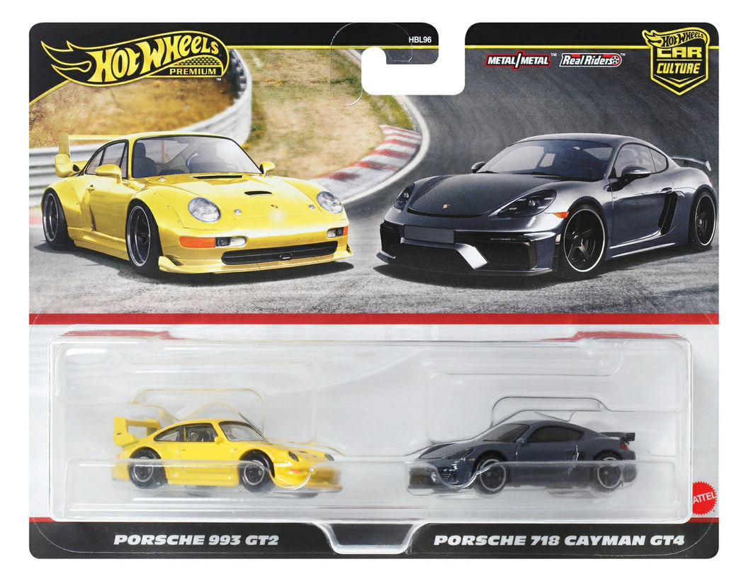 Hot Wheels Premium 2 Pack Porsche 993 GT2 / Porsche 718 Cayman GT4 Maple and Mangoes