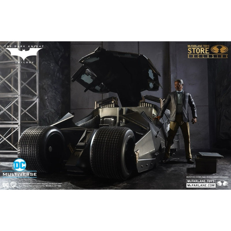 McFarlane Dark Knight tumbler Batmobile with Lucius Fox Figure Set Collectible Toy Figure Maple and Mangoes