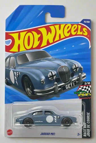 Hot Wheels Jaguar MK1 toy car in packaging with blue and red design