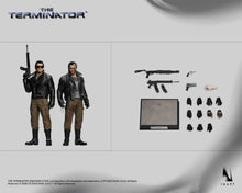 Load image into Gallery viewer, INART - The Terminator: T-800 1/6 Collectible Figure

2 Fully Articulated Bodies
2 Sculpted Hair Head Sculpts with Articulated Eyes
1 Interchangeable Forearm
8 Clothing Accessories (2x Shirts, Jackets, Pants, Boots, Battle Damaged and Clean)
11 Interchangeable Hands
6 Accessories
1 Base
1 Metal Support Stand
