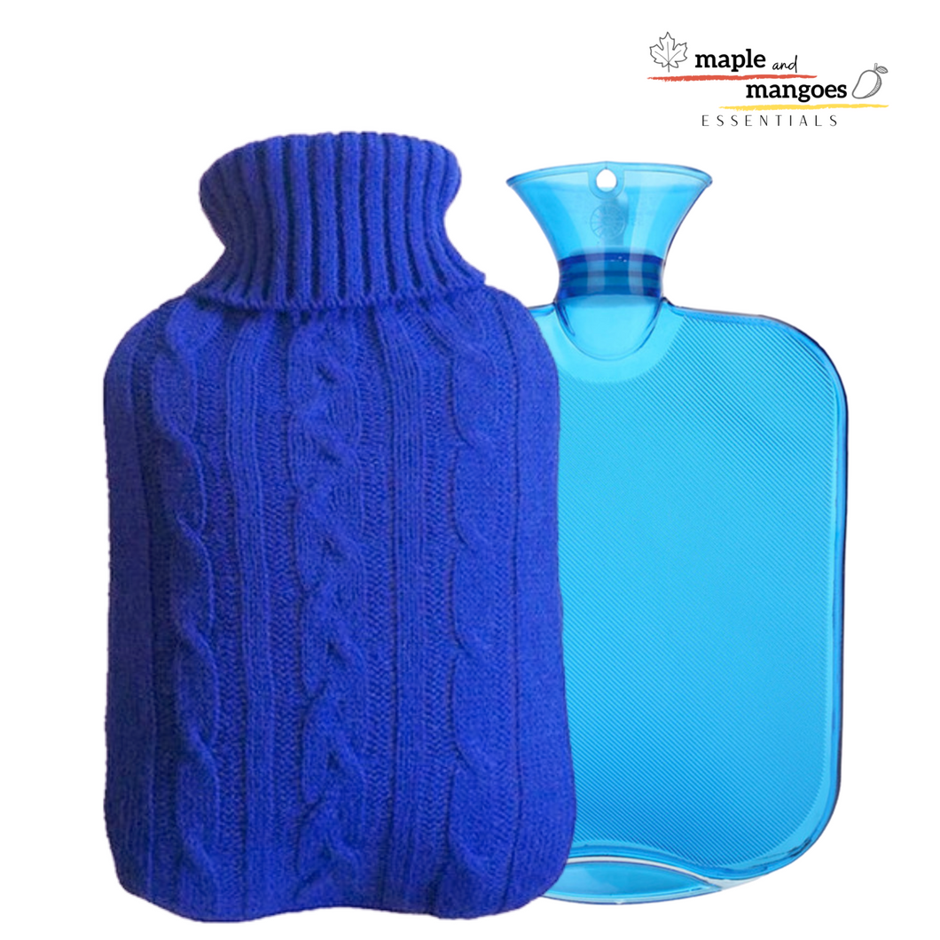 Hot Water Bottle Bag with Blue Knitted Sweater Design Cover Full Size